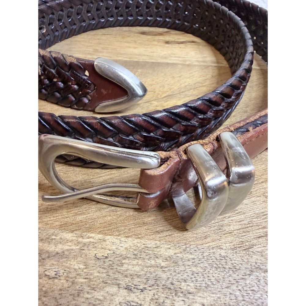 Distressed Western Woven Leather Belt Brown Silver Tip Mens 34 Herringbone